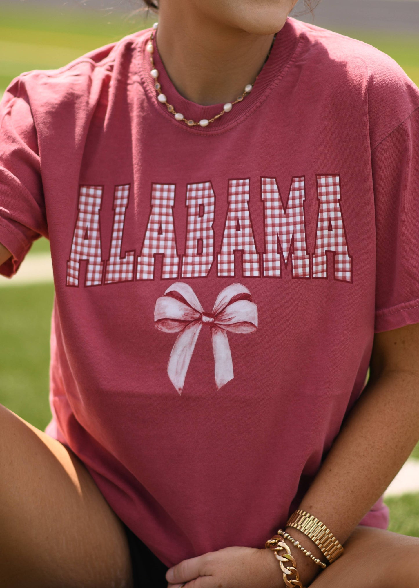 Alabama Gingham Bow Tee - PREORDER